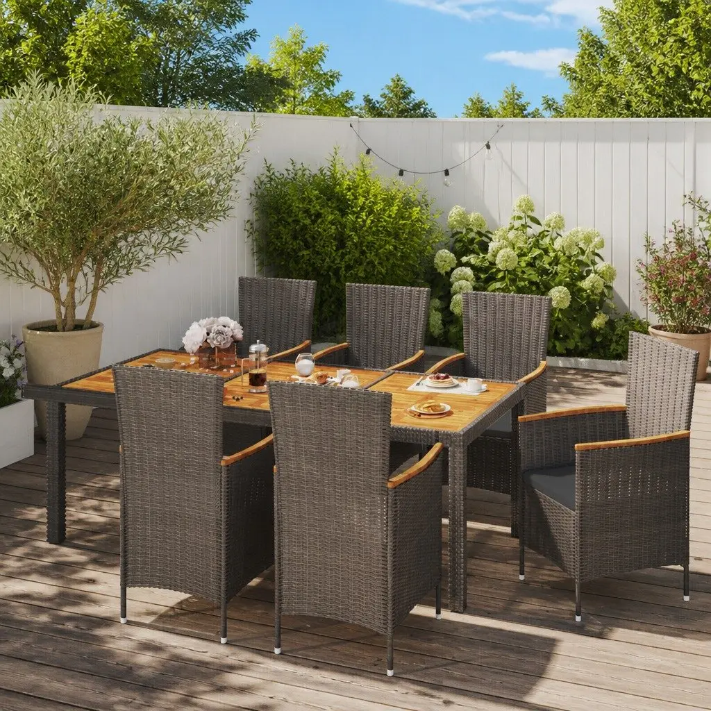 Outdoor Dining Set 7 Piece Grey Poly Rattan Garden Furniture