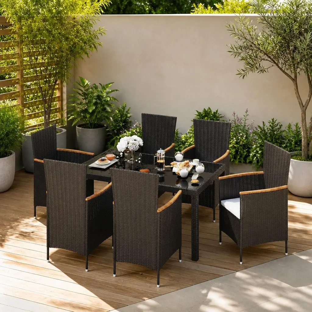 7 Piece Outdoor Dining Set Garden Furniture Table Chairs Black Poly Rattan