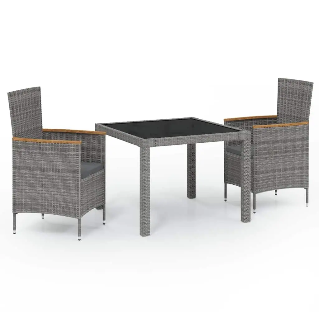 Grey 3 Piece Garden Dining Set Weather Resistant Poly Rattan Furniture with Cushions for Patio Outdoor Use