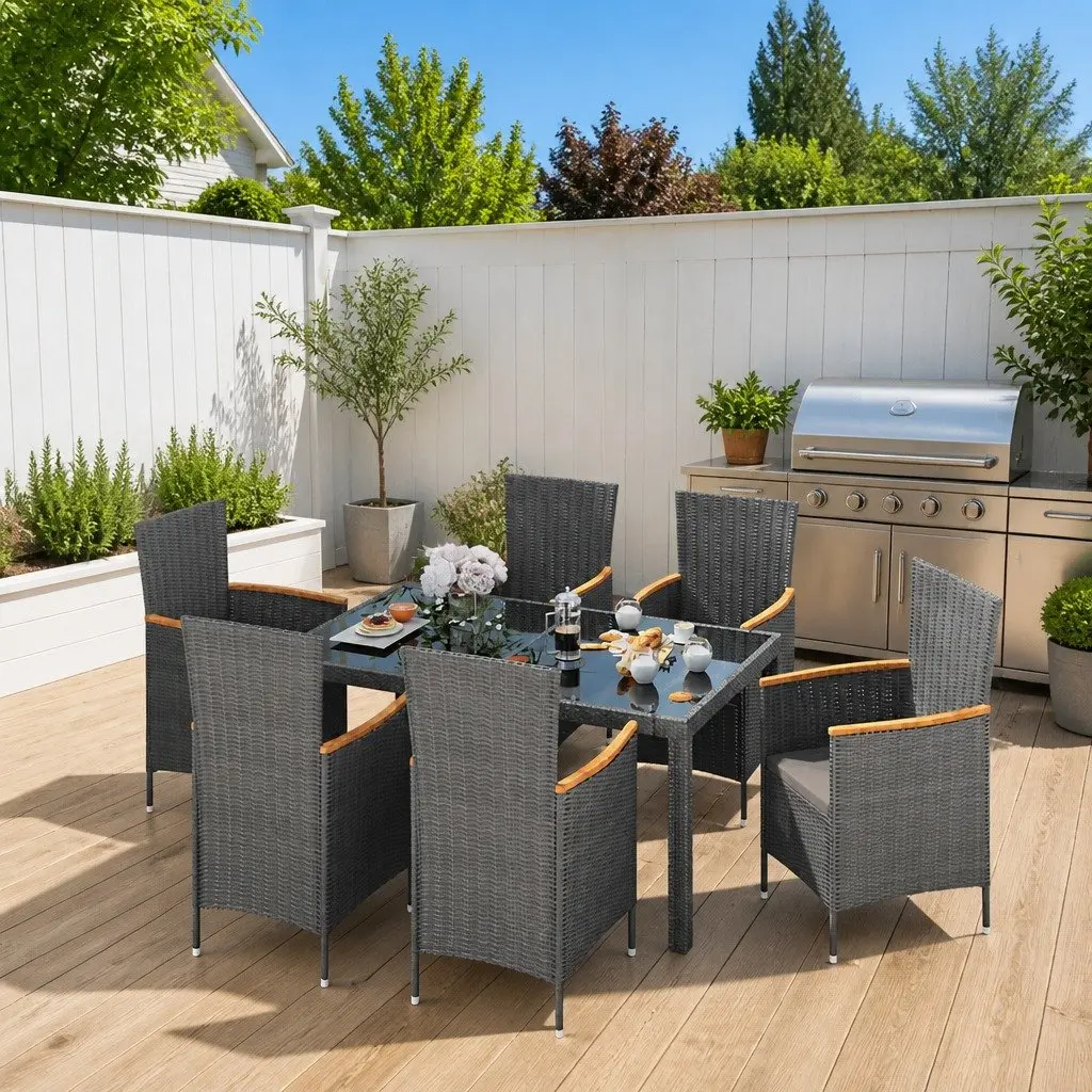 Garden Furniture Set 7 Piece Outdoor Dining Grey Poly Rattan with Cushions