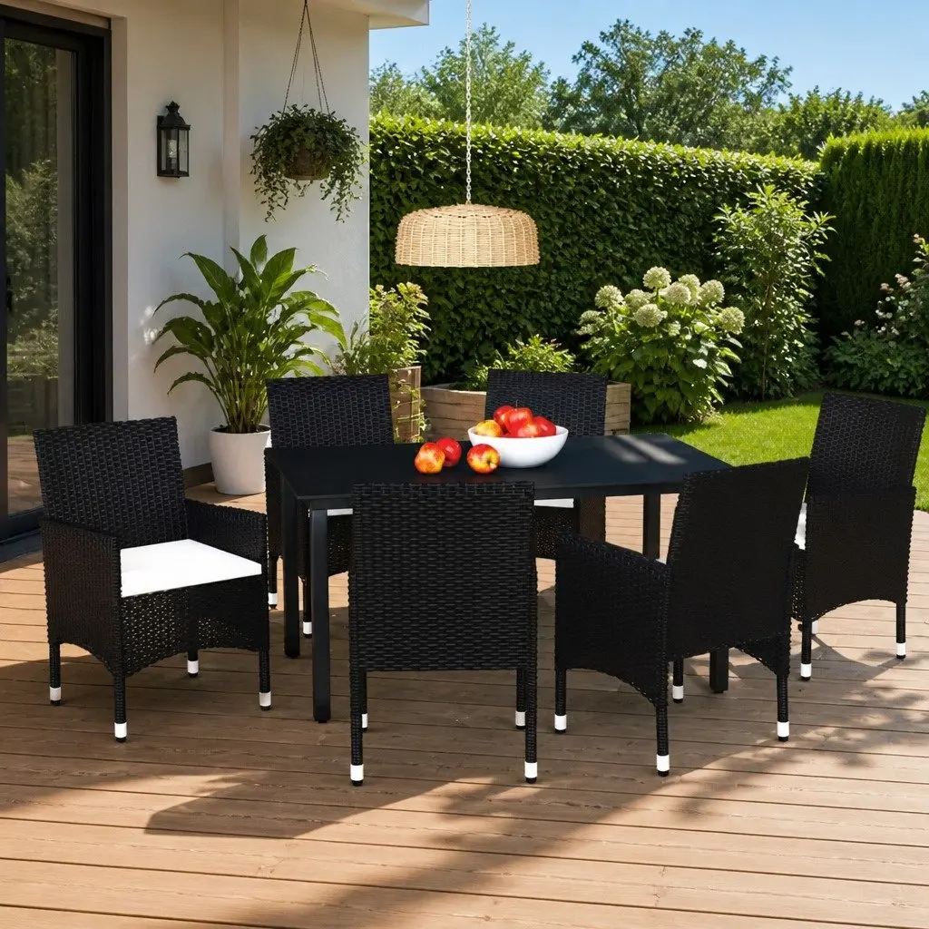 7 Piece Outdoor Dining Set Garden Patio Furniture Glass Top Black PE Rattan Chairs