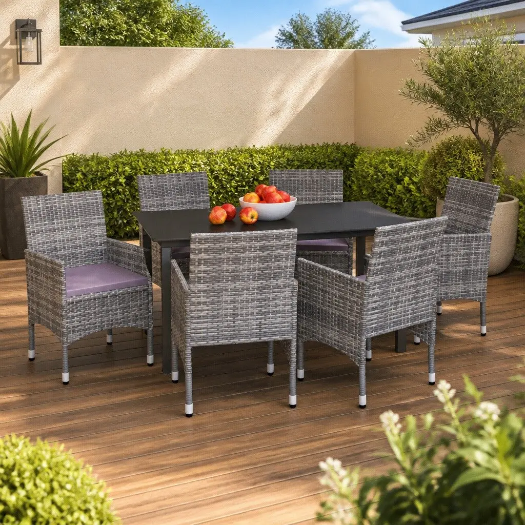 Outdoor Furniture Dining Set 7 Piece Poly Rattan Table Chairs Grey with Cushions