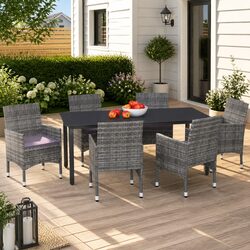 Comfortable 7 Piece Garden Dining Set with Grey Cushions