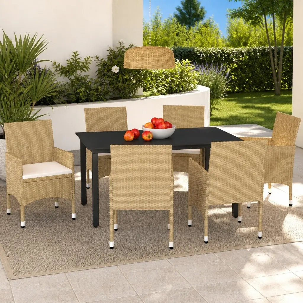 Outdoor Furniture Set 7 Piece Patio Dining Table Chairs Cushions Beige