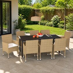 Comfortable 9-Piece Garden Dining Set with Beige Cushions