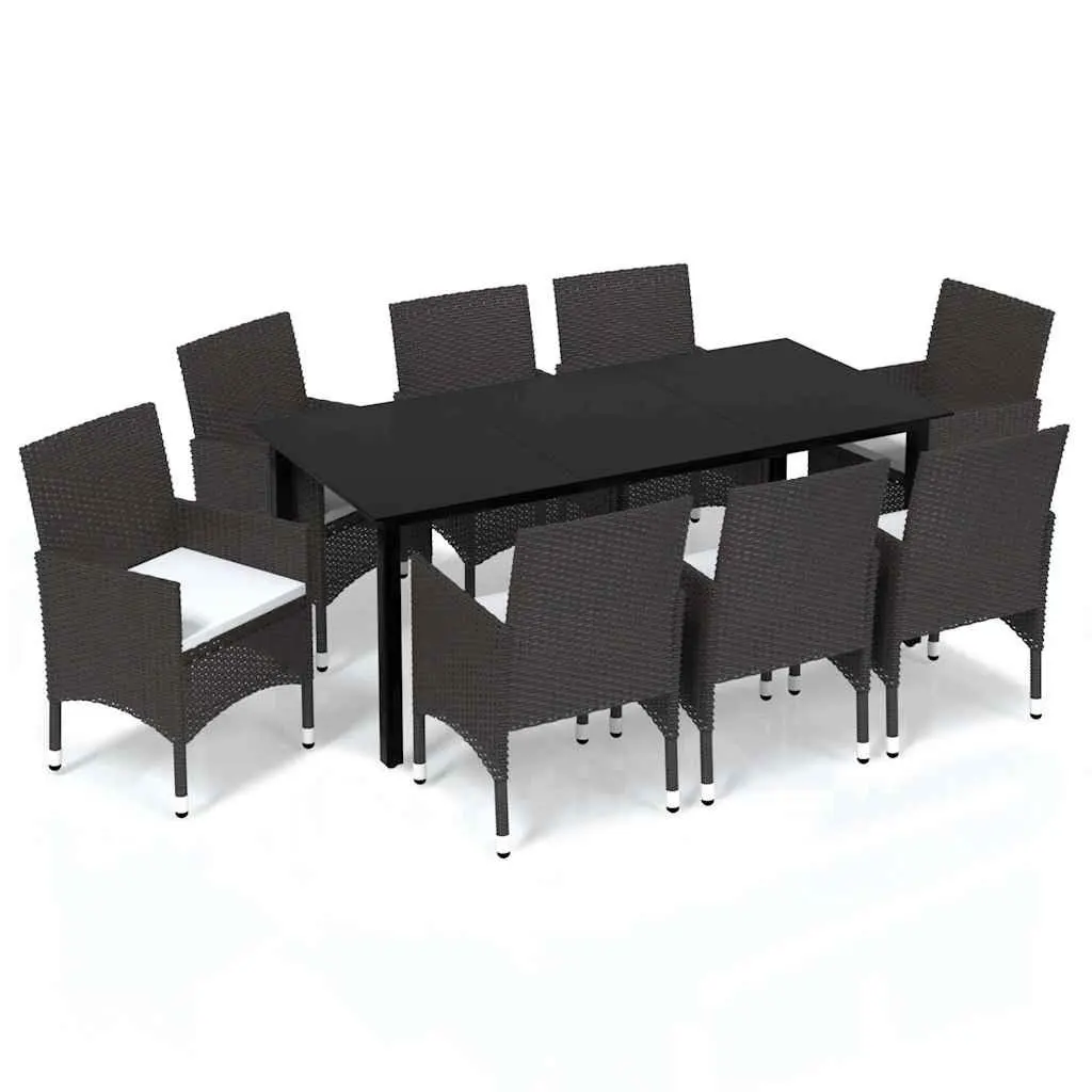 Outdoor Dining Set 9 Piece Patio Furniture Cushioned Steel PE Rattan Brown with Glass Top