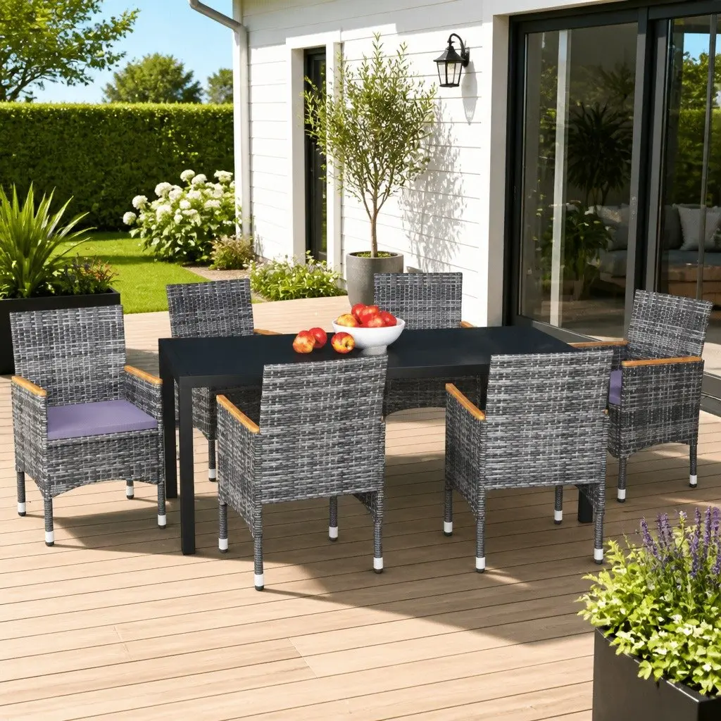 Garden Dining Set 7 Piece Outdoor Patio Furniture Grey PE Rattan Steel with Cushions