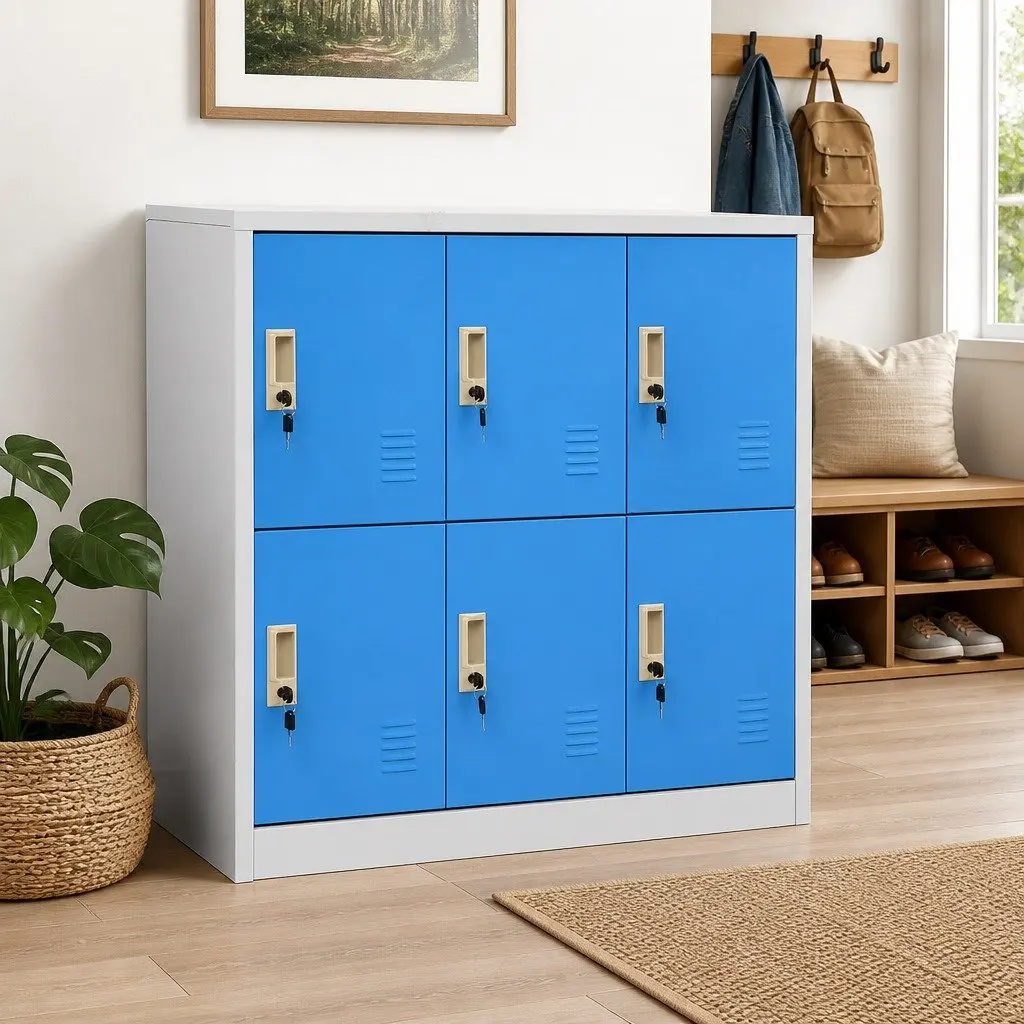 Locker Cabinet Set 5 Piece Storage Organiser Steel Lockable Office School Light Grey Blue