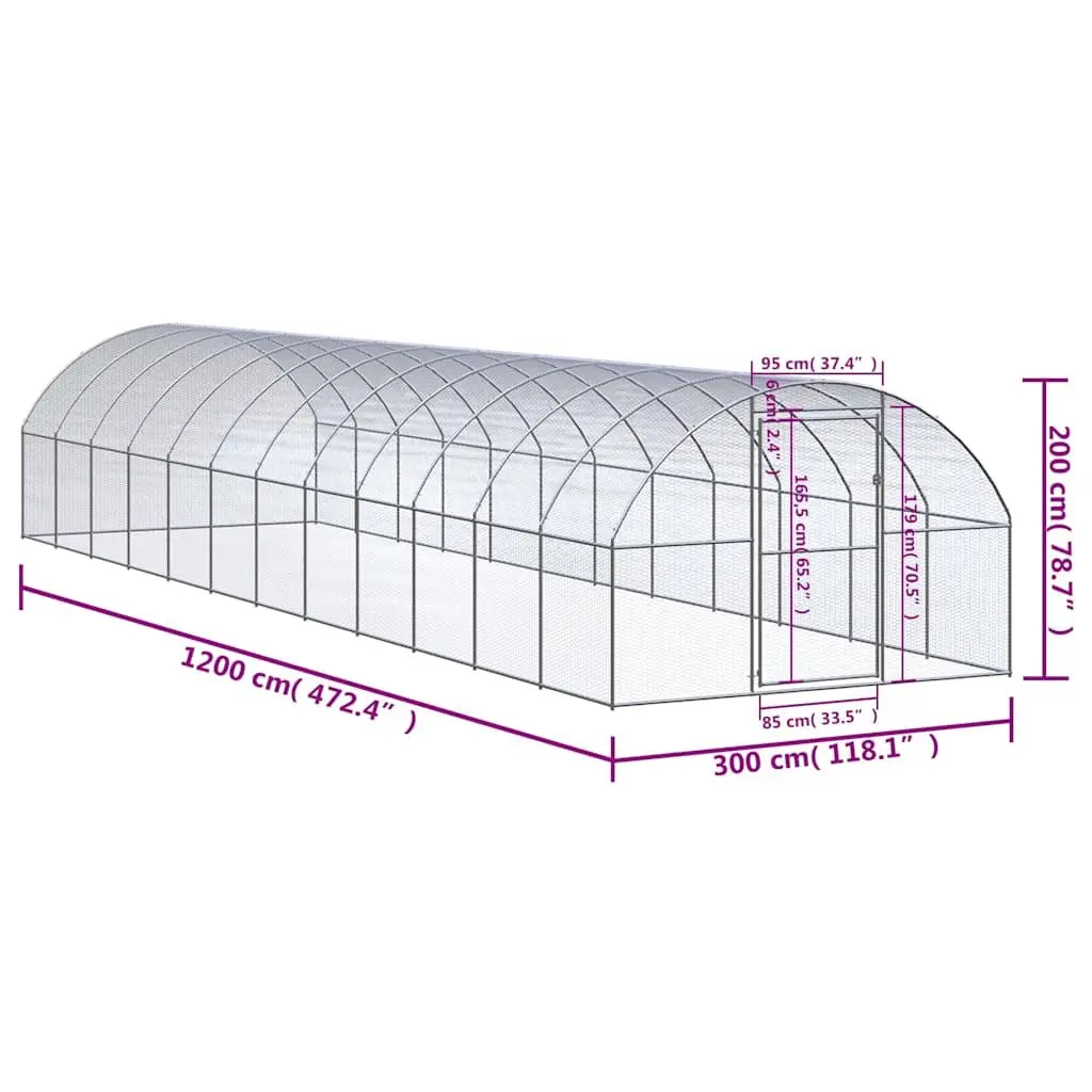Chicken Coop Outdoor Galvanised Steel Enclosure 3x12x2m Silver