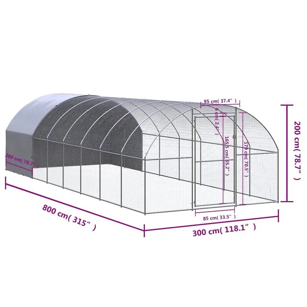 Galvanised Steel Enclosure for Poultry Outdoor Chicken Coop 3m x 8m x 2m Silver