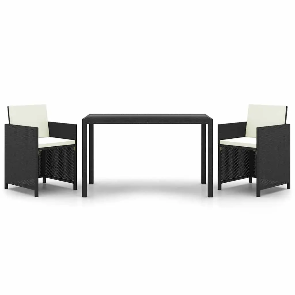 Outdoor Dining Set 3 Piece Garden Furniture Black PE Rattan Glass Table Chairs