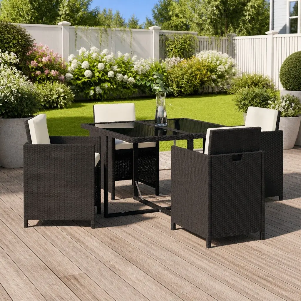 Outdoor Dining Set 5 Piece Cushioned Black Poly Rattan Glass Table