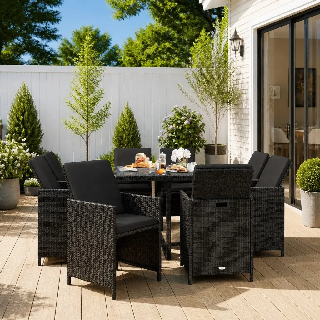 Garden Dining Set 9 Piece Outdoor Furniture Poly Rattan Cushions Black