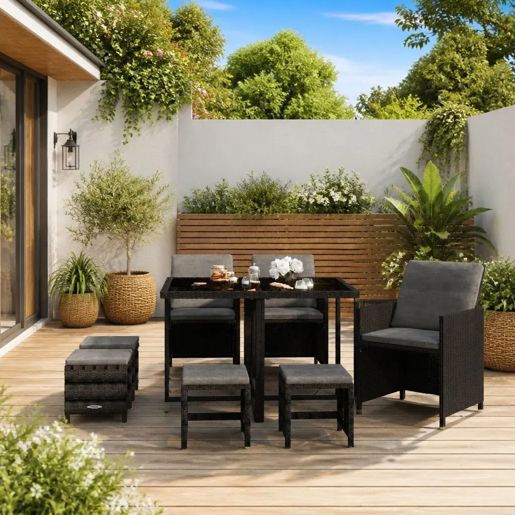 9 Piece Outdoor Garden Dining Set Black Poly Rattan Patio Furniture