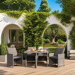 5 Piece Garden Dining Set Poly Rattan Cushions Outdoor Table Chairs Grey