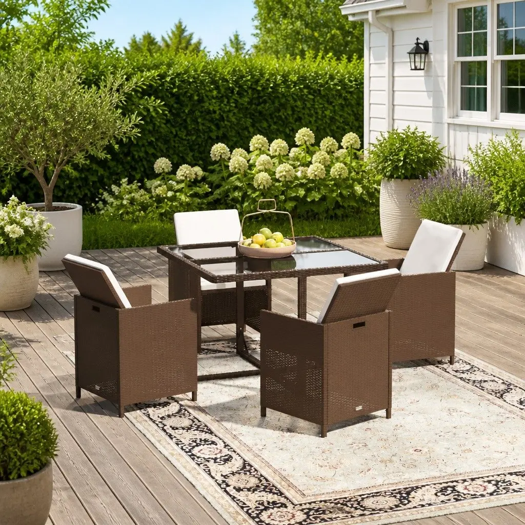 Garden Dining Set Outdoor Patio Furniture 5 Piece PE Rattan Brown with Cushions