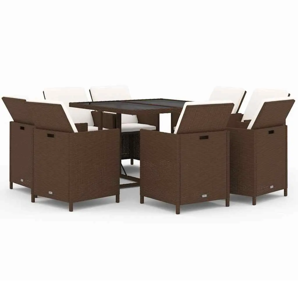 Outdoor Rattan Dining Set 9 Piece Brown Cushion Weather-Resistant Patio Furniture
