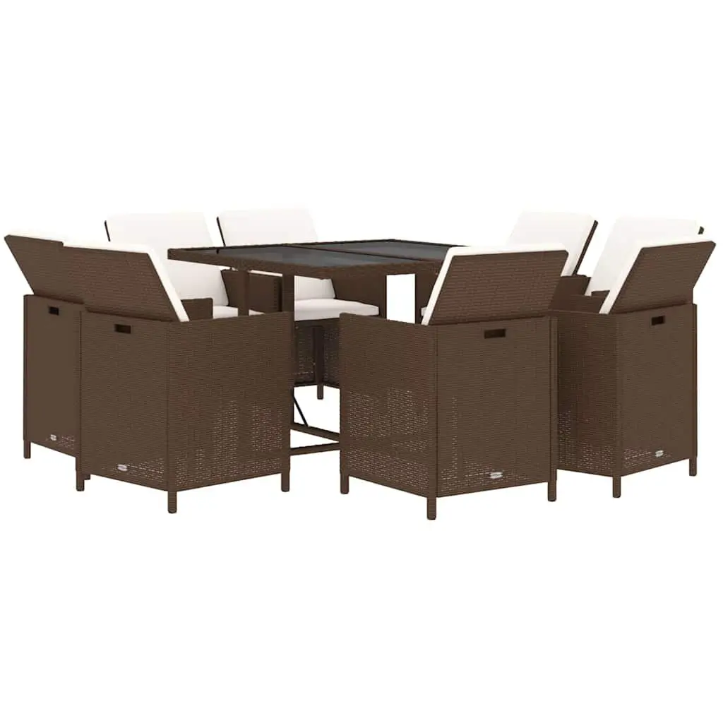 Outdoor Rattan Dining Set 9 Piece Brown Cushion Weather-Resistant Patio Furniture