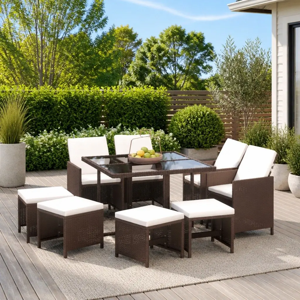Garden Dining Set 9 Piece Outdoor Dining Furniture PE Rattan Brown
