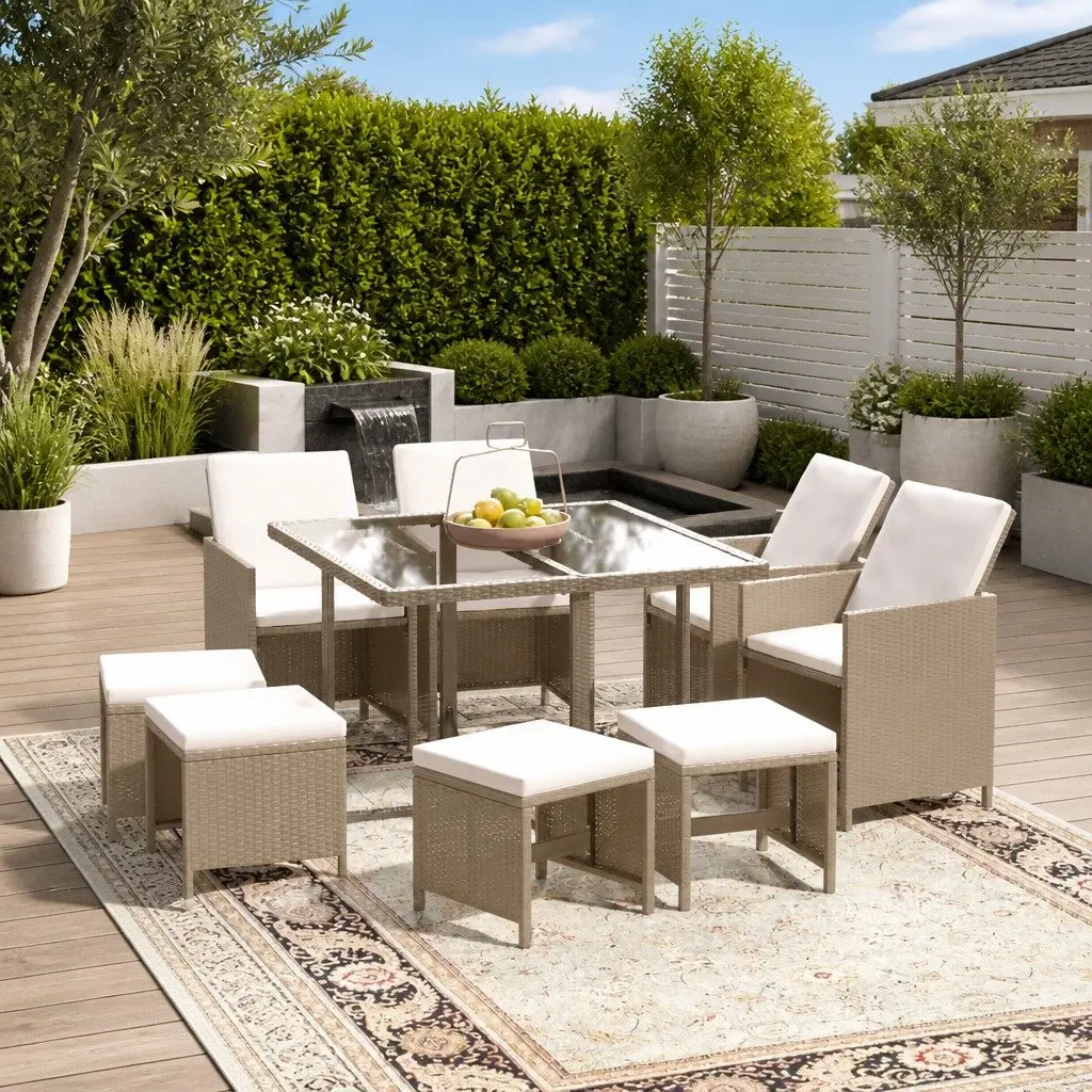 Outdoor Dining Set 9 Piece Garden Furniture PE Rattan Beige with Cushions