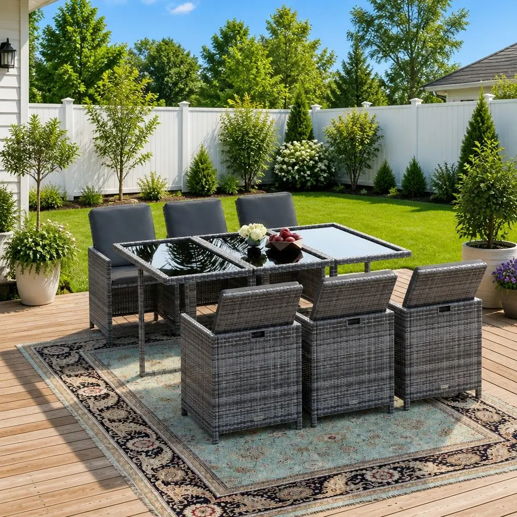 Outdoor Rattan Dining Set 7 Piece Grey Cushions Garden Furniture