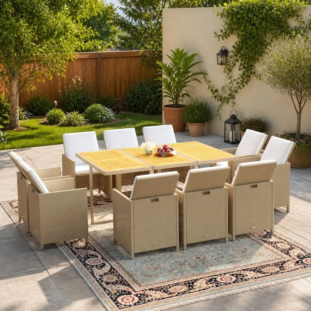 Outdoor Garden Furniture Set 11 Piece PE Rattan Patio Chairs Table Beige