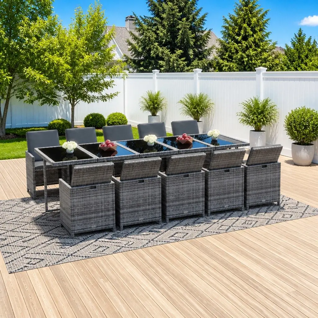 Outdoor Patio Furniture Set 11 Piece Grey Garden Dining with Cushions PE Rattan