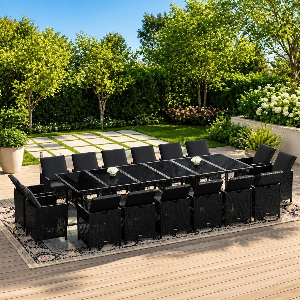 Poly Rattan Garden Dining Set 17 Piece Outdoor Furniture Black with Cushions