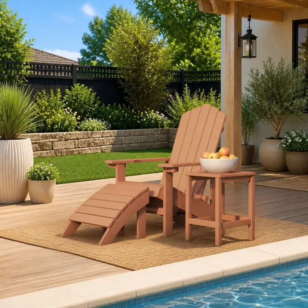 Adirondack Chair with Detachable Footstool and Side Table Brown Outdoor Garden
