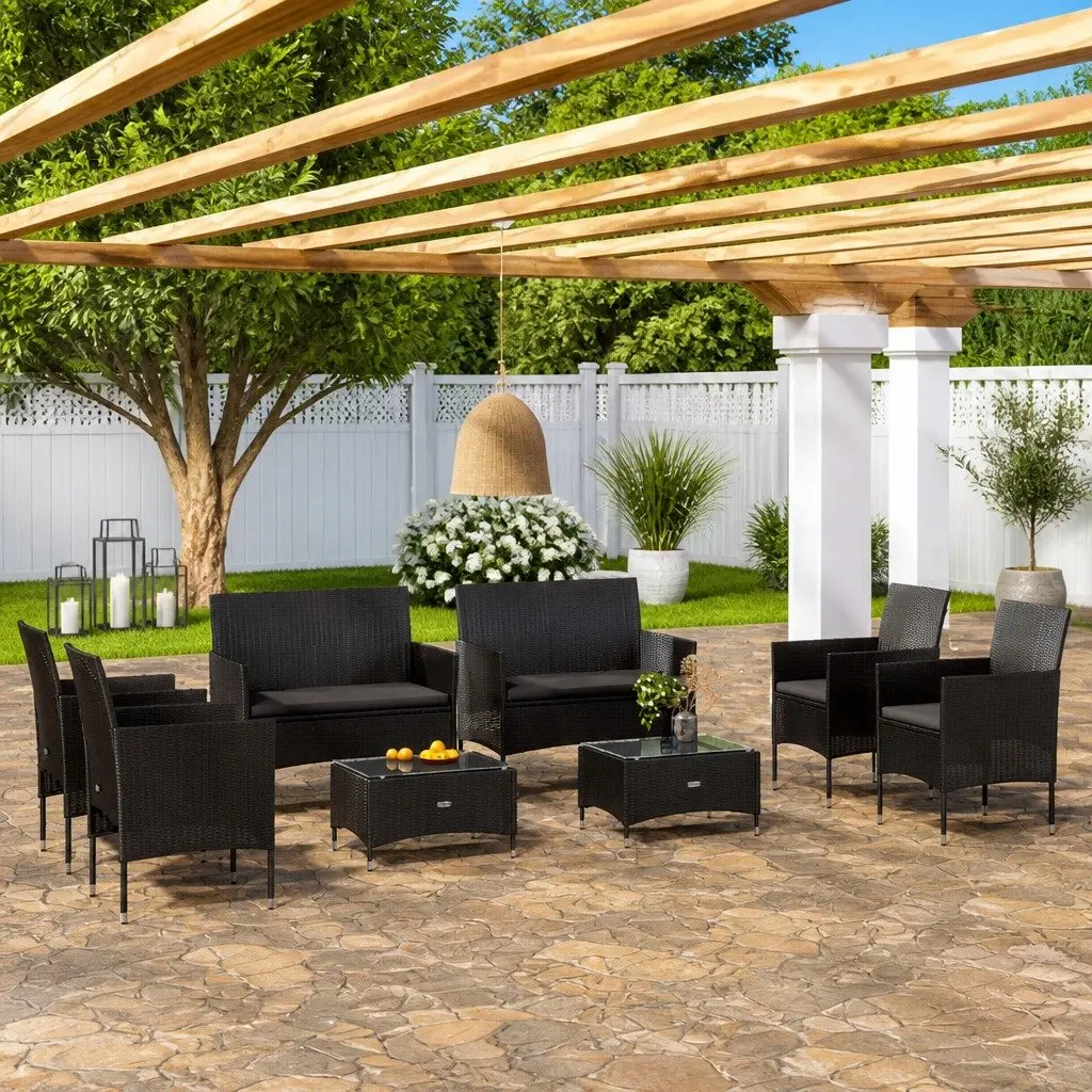 Outdoor Lounge Set 8 Piece Garden Furniture Poly Rattan Cushions Black