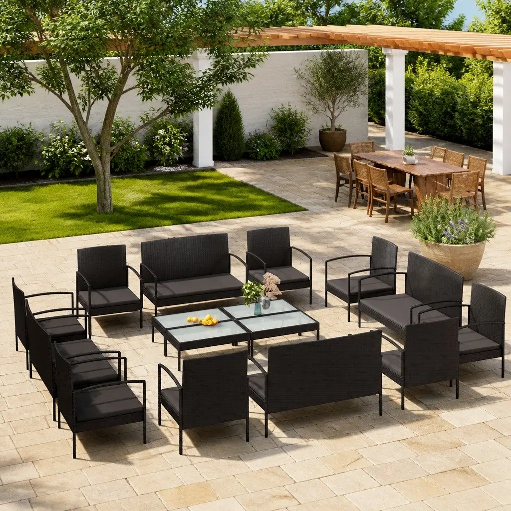 16 Piece Poly Rattan Garden Lounge Set Outdoor Furniture Patio Cushions Black