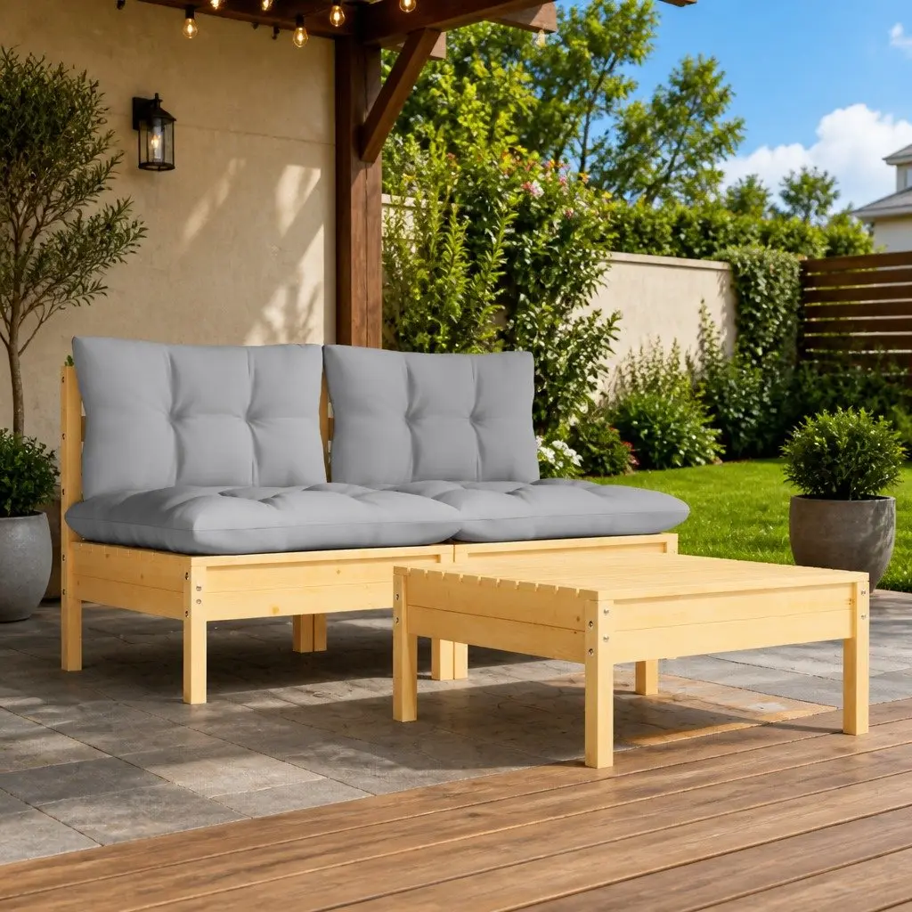 Lounge Set 3 Piece Outdoor Pinewood Garden Sofa with Grey Cushions