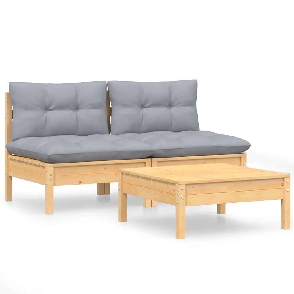 Lounge Set 3 Piece Outdoor Pinewood Garden Sofa with Grey Cushions