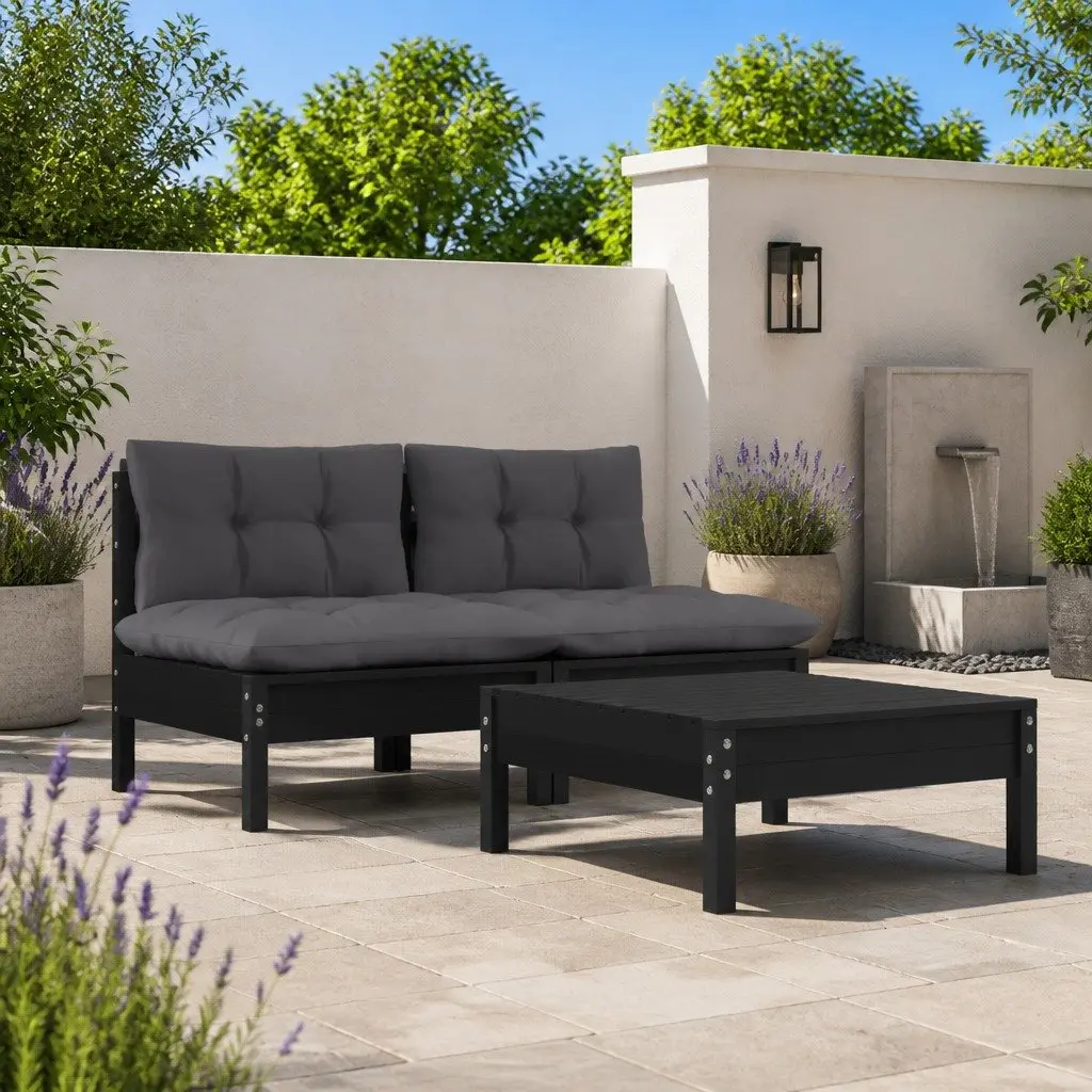 Garden Lounge Set 3 Piece Pinewood Patio Furniture Cushions Black