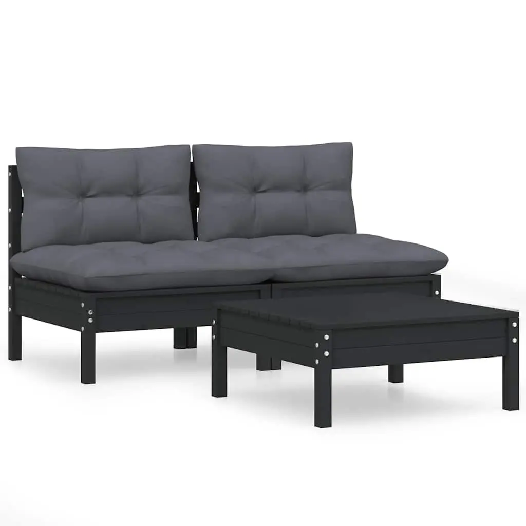 Garden Lounge Set 3 Piece Pinewood Patio Furniture Cushions Black
