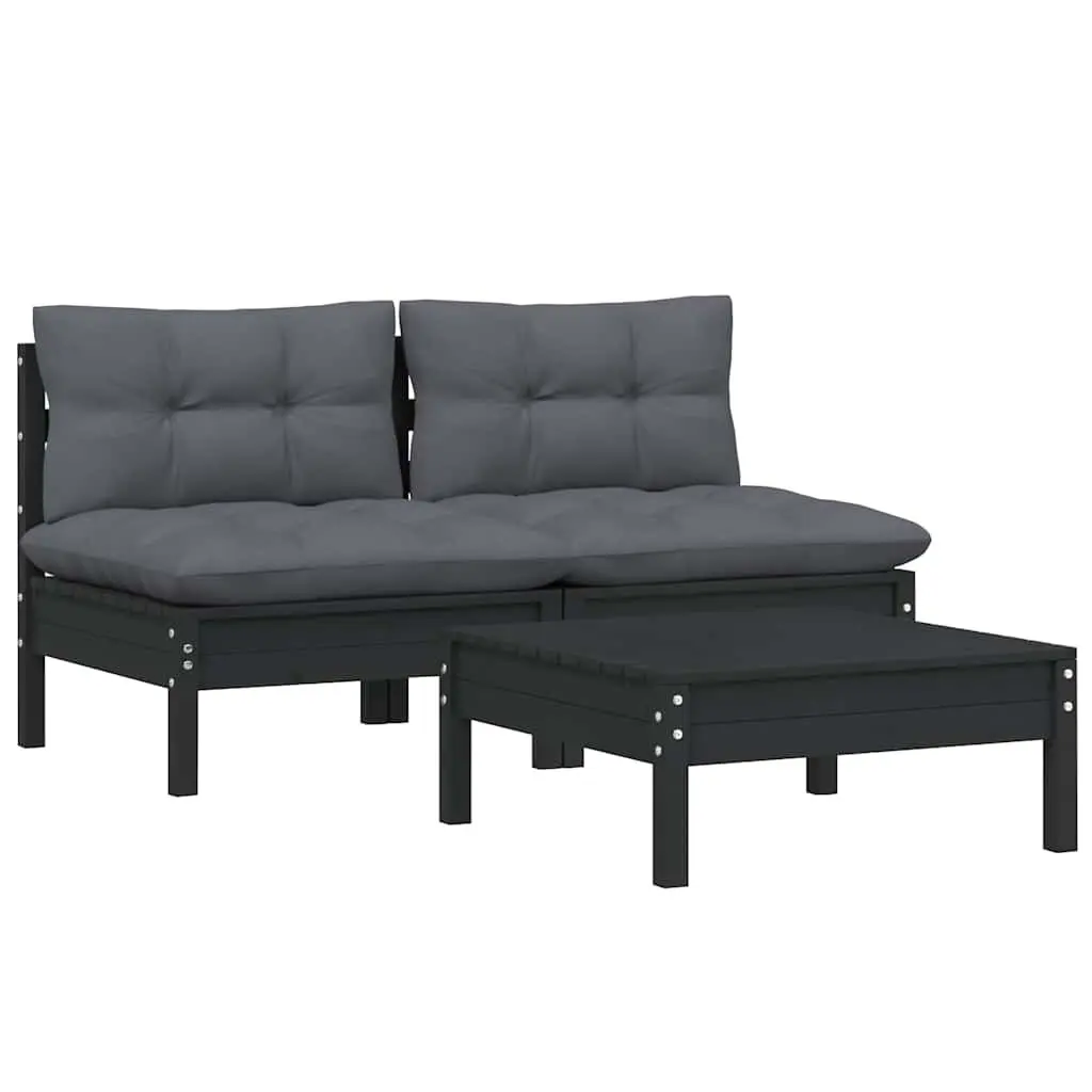 Garden Lounge Set 3 Piece Pinewood Patio Furniture Cushions Black
