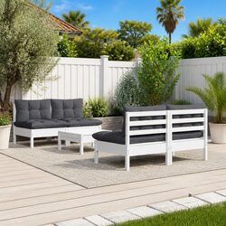5 Piece Garden Lounge Set White Pinewood Outdoor Patio Furniture with Cushions