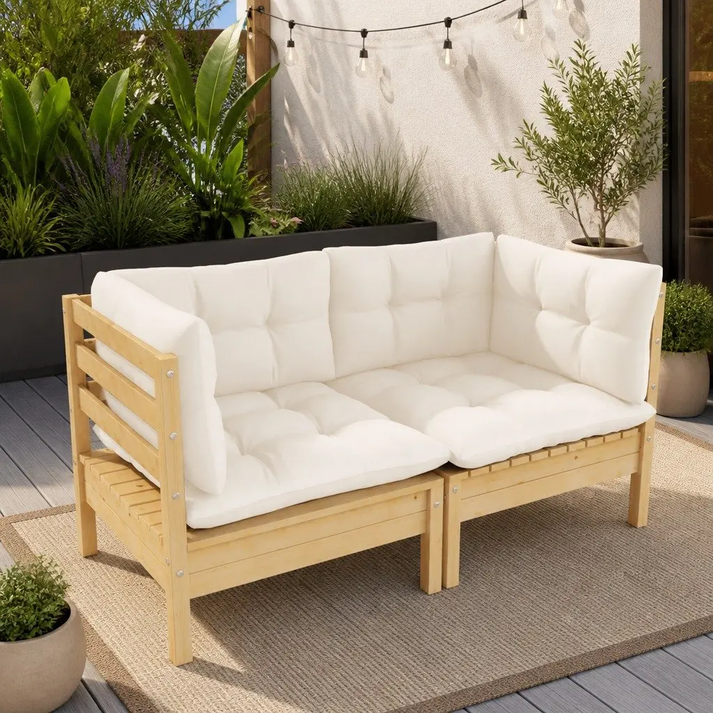 2-Seater Garden Sofa Outdoor Seating Solid Pinewood Frame Cream Cushions