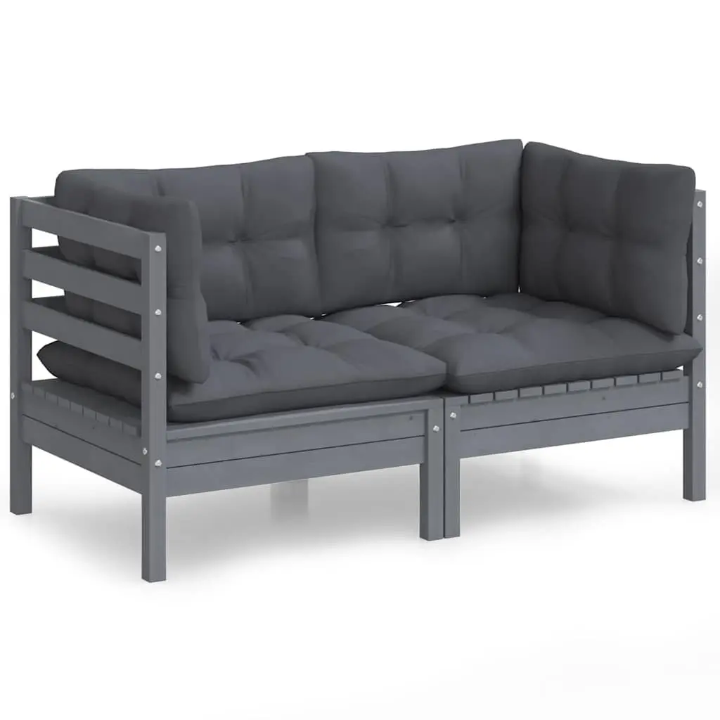 2-Seater Garden Sofa Outdoor Seating Solid Pinewood Grey Cushions