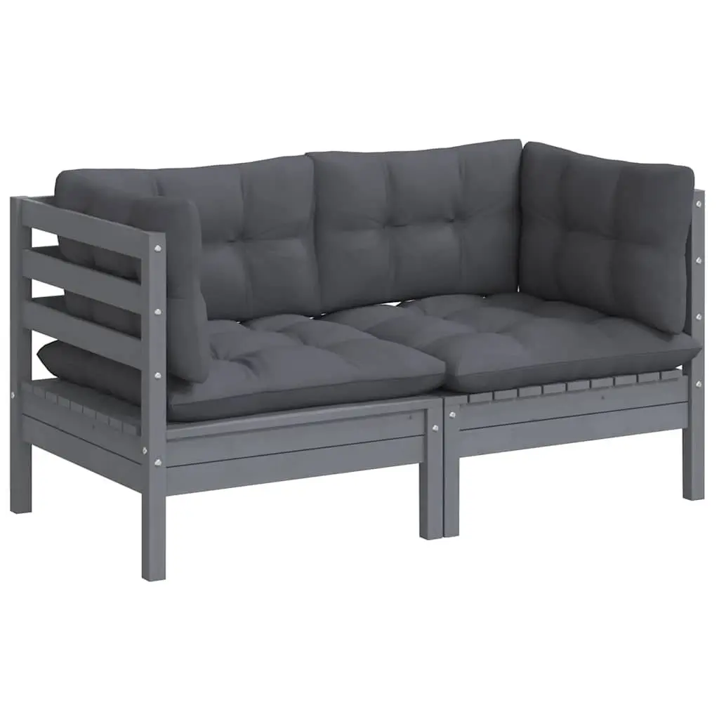 2-Seater Garden Sofa Outdoor Seating Solid Pinewood Grey Cushions