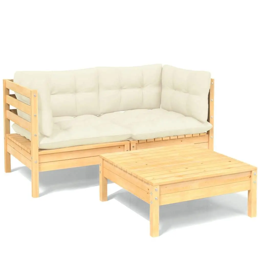 Garden Lounge Set 3 Piece Outdoor Patio Furniture Cream Cushions Pinewood