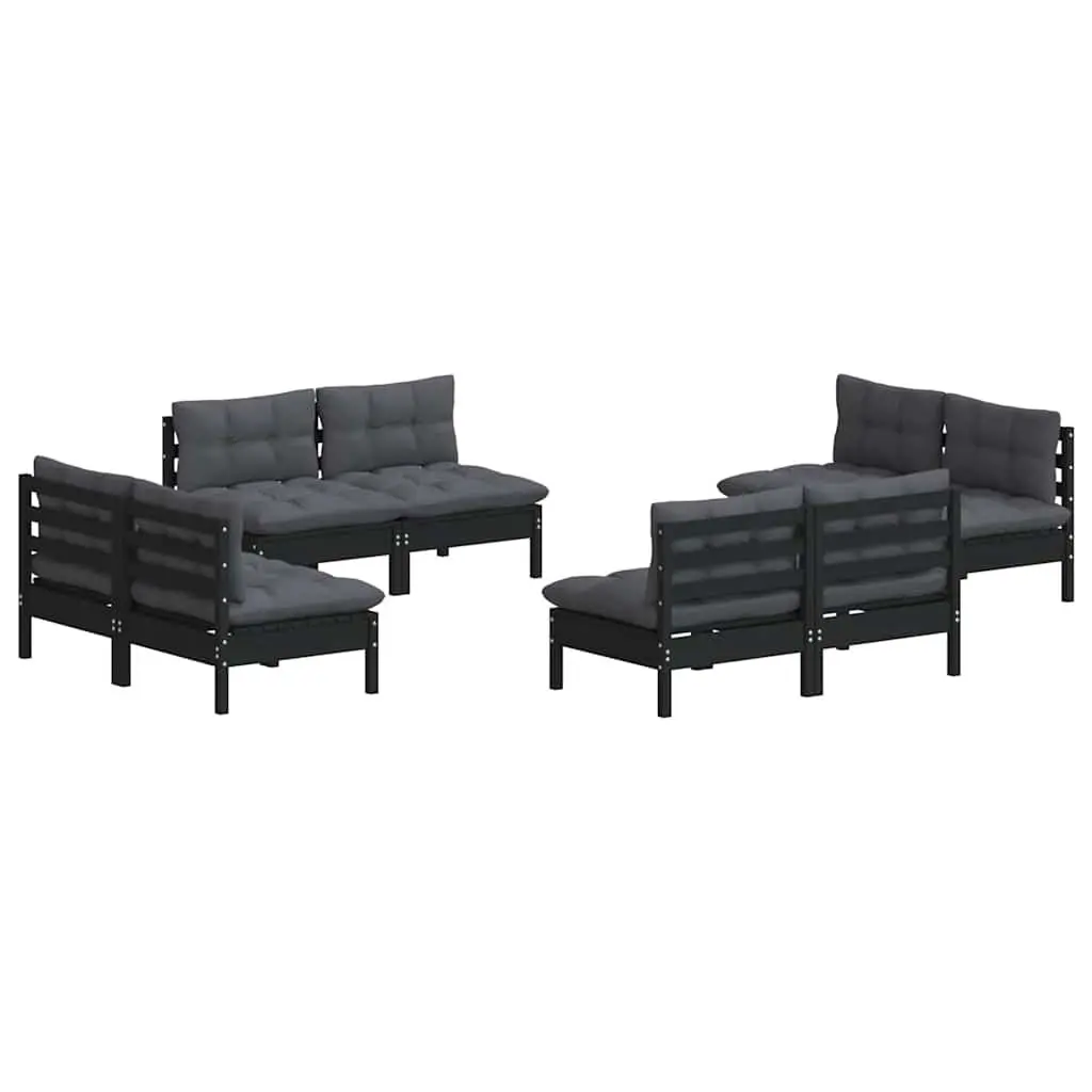 Modular Garden Lounge Set 8 Piece Pinewood with Cushions Black