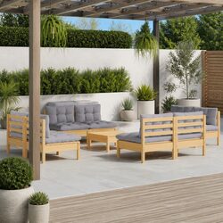 9 Piece Outdoor Garden Lounge Set Pinewood Patio Furniture Grey Cushions Modular
