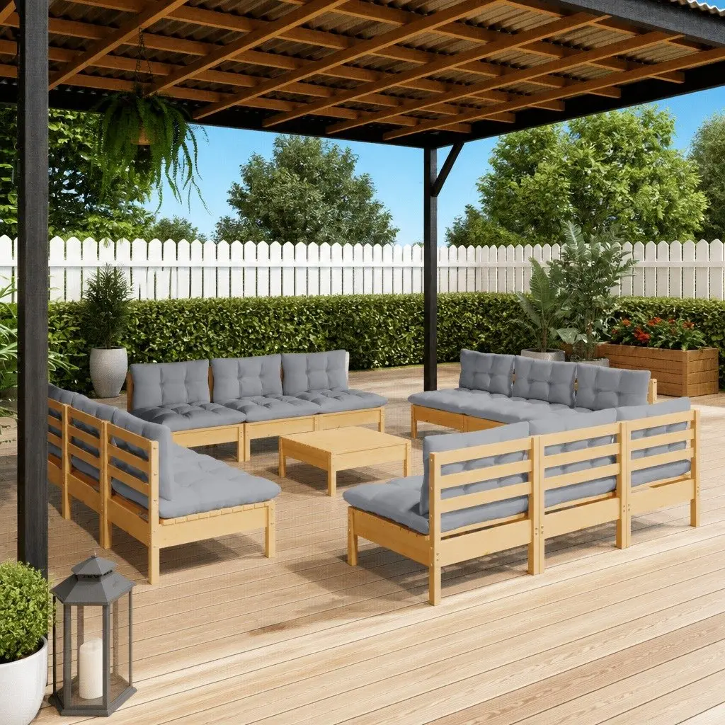 Garden Lounge Set 13 Piece Outdoor Patio Furniture Grey Cushions Pinewood