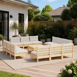 Garden Lounge Set 13 Piece Modular Patio Furniture Pinewood Cream Cushions