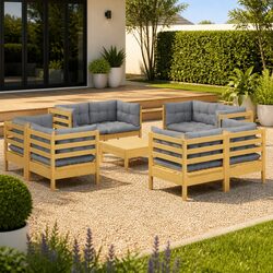 Garden Lounge Set 9 Piece Outdoor Patio Furniture Pinewood Grey Cushions Modular