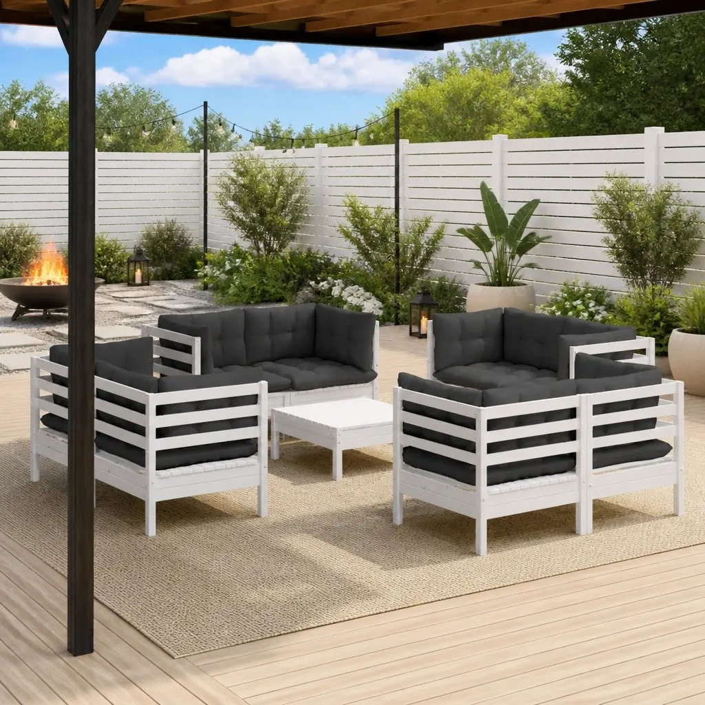 Garden Lounge Set Modular Outdoor Seating 9 Piece Pinewood White