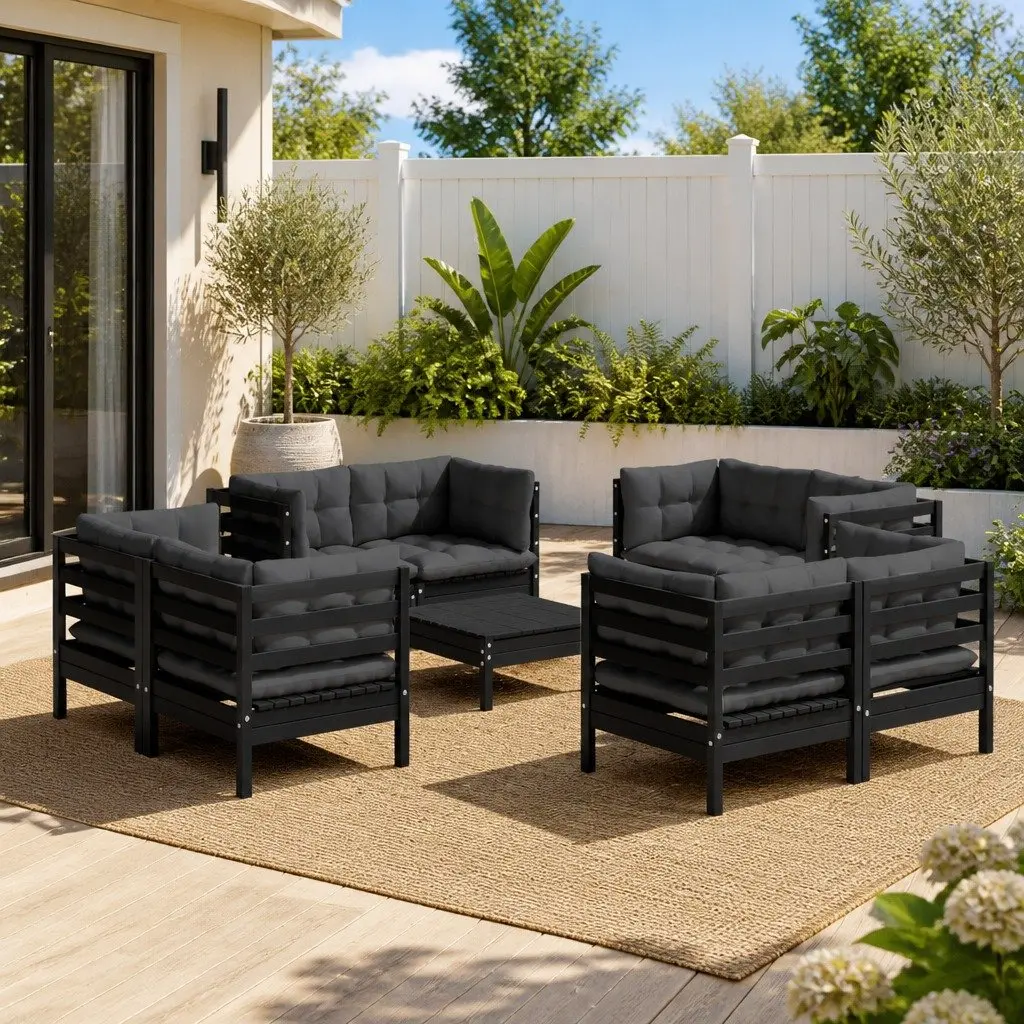 Garden Lounge Set 9 Piece Outdoor Seating Pinewood with Cushions Black