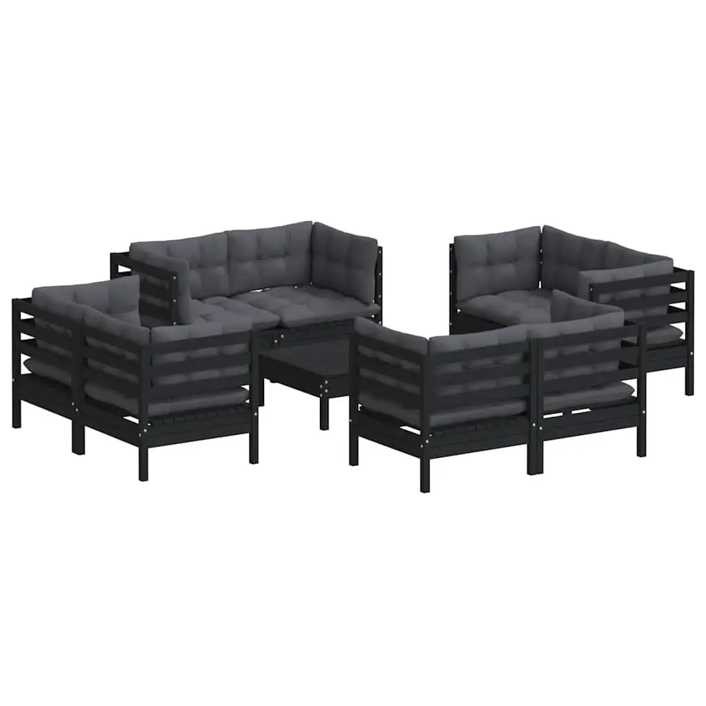 Garden Lounge Set 9 Piece Outdoor Seating Pinewood with Cushions Black
