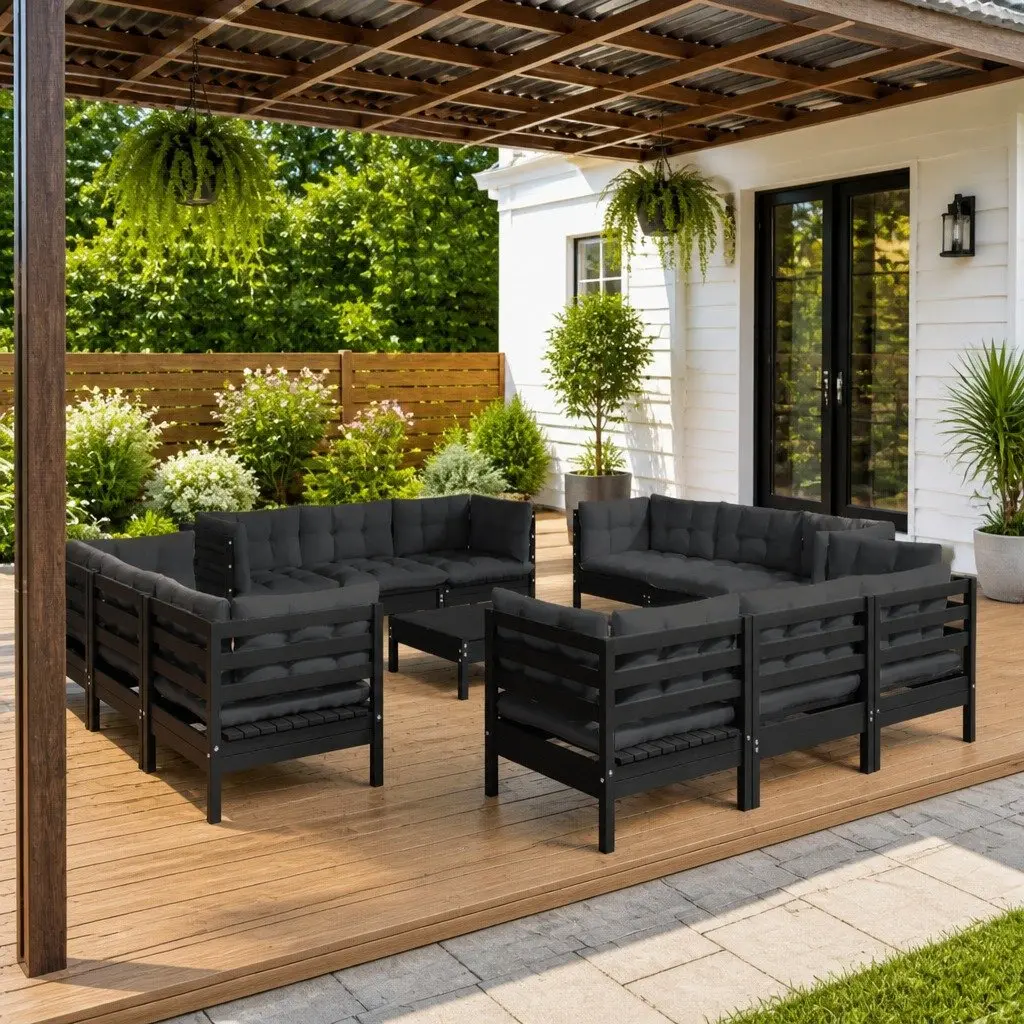 Garden Lounge Set 13 Piece Outdoor Patio Furniture Pinewood Cushions Black